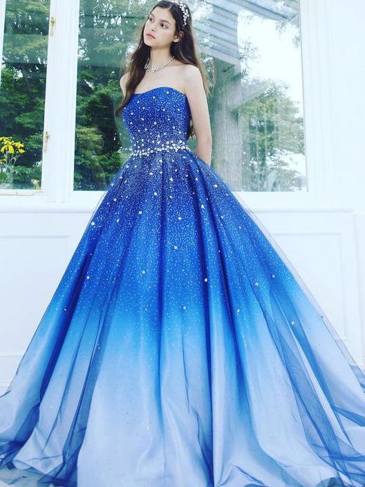 A Line Blue Strapless Sweetheart Ombre Sweep Train Ball Gown Beads Tulle Prom Dresses WK891