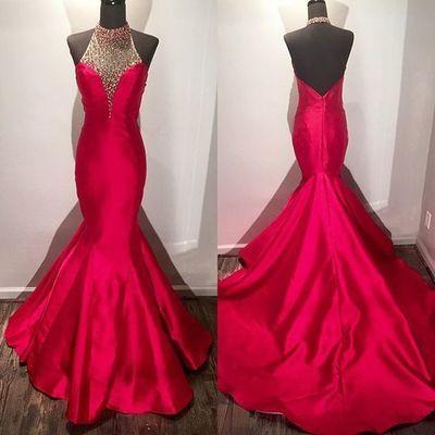 New Arrival Modest Beaded Halter Long Satin Fuchsia Mermaid Prom Dresses with Open Back WK930