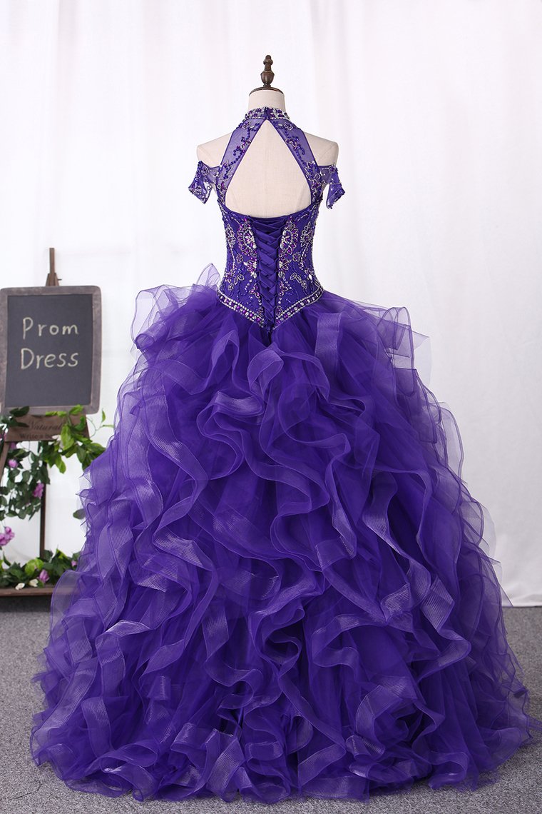 Ball Gown Tulle Quinceanera Dresses High Neck Beaded Bodice Sweep Train