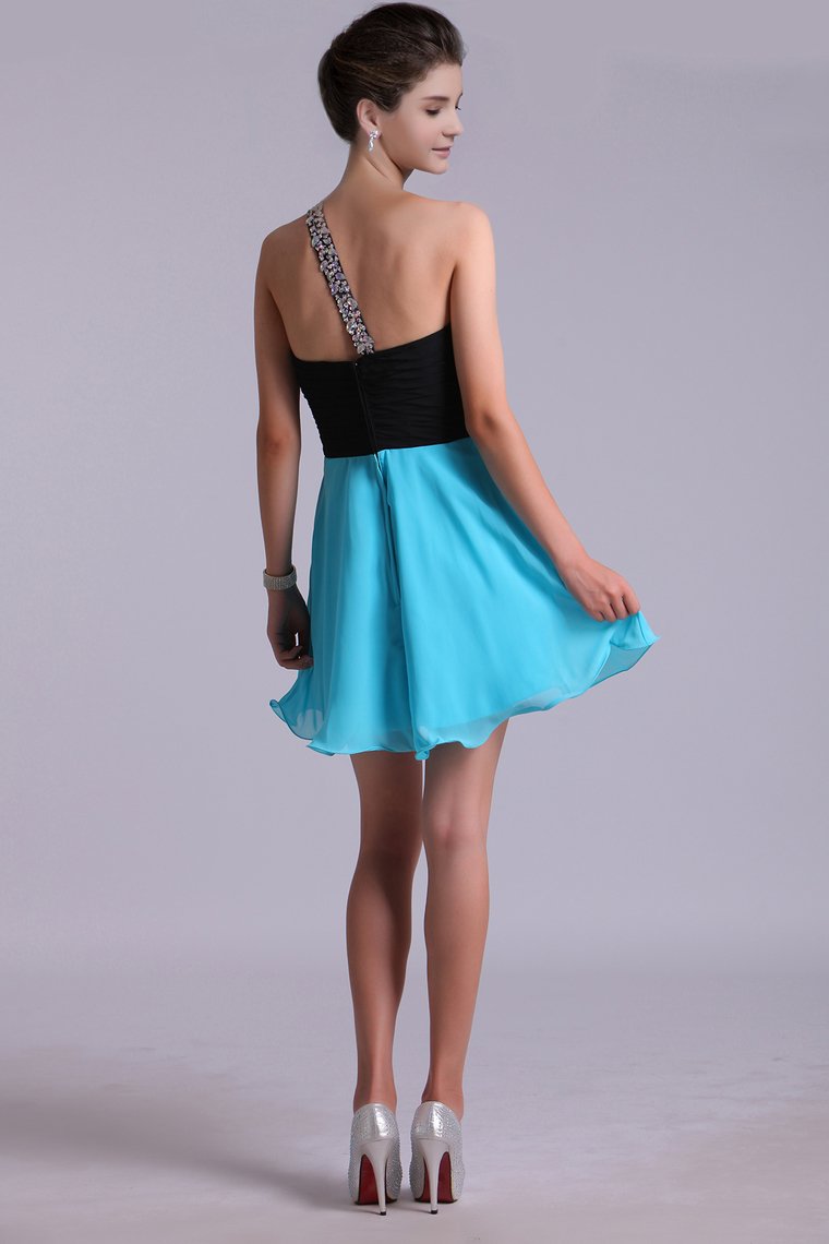 Two-Tone Homecoming Dresses One Shoulder A-Line Empire Waist Chiffon With Beads