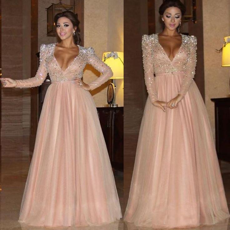 Elegant A Line Long Sleeve Deep V Neck Pink Beads Tulle Long Prom Dresses WK985