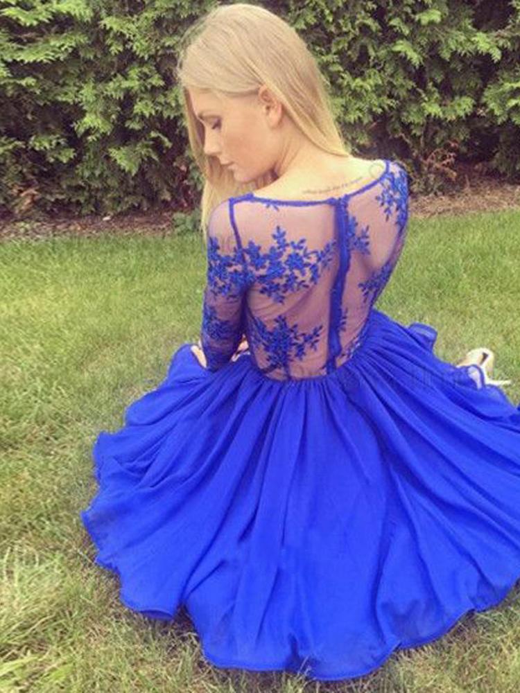 Charming A Line V Neck Long Sleeves Royal Blue Lace Short Homecoming Dresses WK979