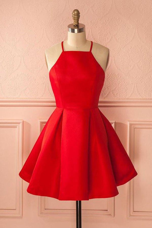 Short Straps Red Cheap Homecoming Dress for Girls Halter Prom Dress