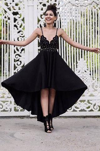 A Line Black V neck Short High Low Spaghetti Straps Prom Dresses Homecoming Dress WK692