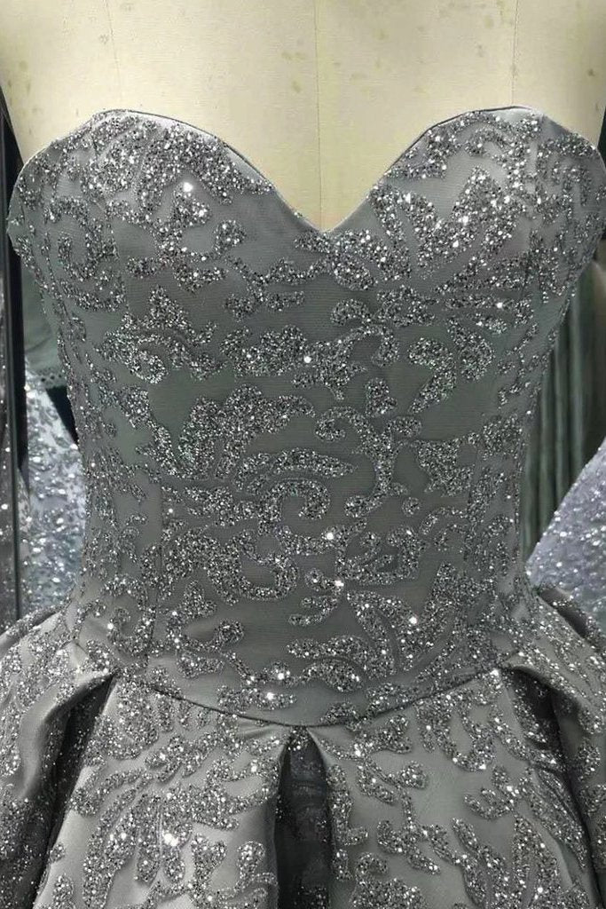 Sweetheart Gray Sleeveless Long Sequins Strapless Ball Gown Shiny Winter Prom Dresses WK575