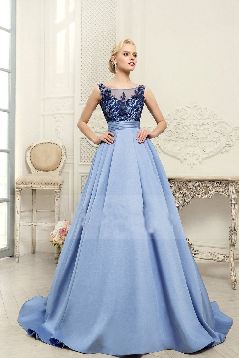 2024 Scoop Blue A-Line Appliques Satin Backless Sleeveless Quinceanera Dress Prom Dresses WK456