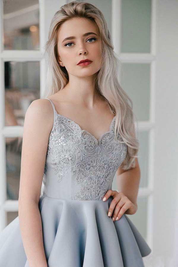 A Line V Neck Backless Satin Beaded Grey Spaghetti Straps Lace Homecoming Dresses WK921