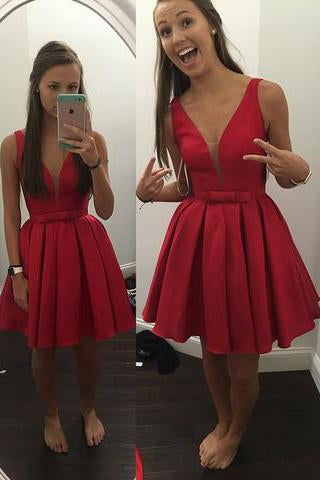 A-line Knee-Length V-neck Satin Red/Blue Ribbon Homecoming Dress WK457