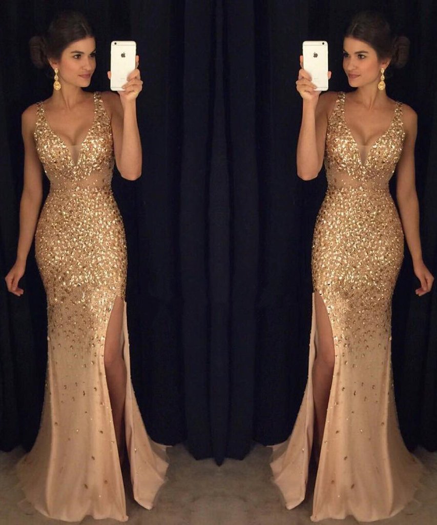 Elegant Gold Mermaid V-Neck Beads Side slit Tulle Long Evening Prom Dresses WK492