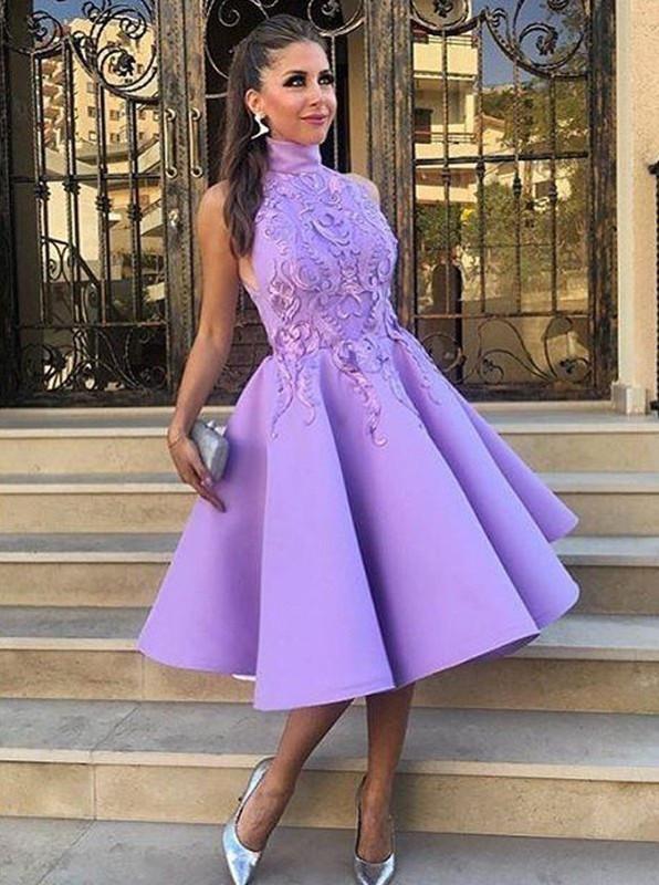 A-Line High Neck Tea-Length Sleeveless Purple Satin Homecoming Dress with Appliques WK119