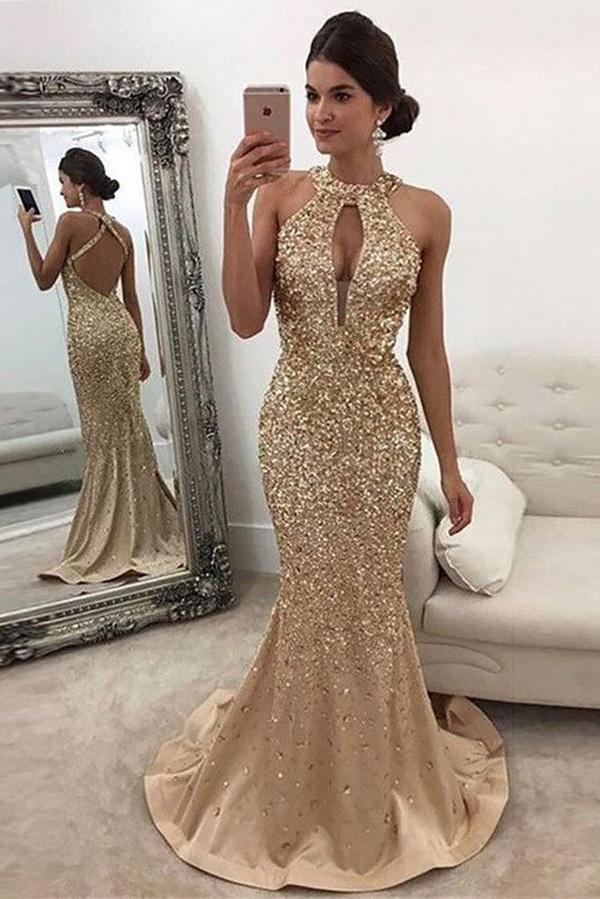 Mermaid Sleeveless Halter Sequins Golden Open Back Sweep Train Satin Prom Dresses WK556