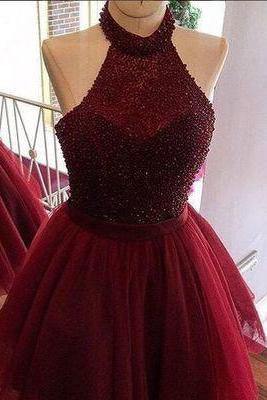 Burgundy A-line Halter Beading Backless Homecoming Dress WK539