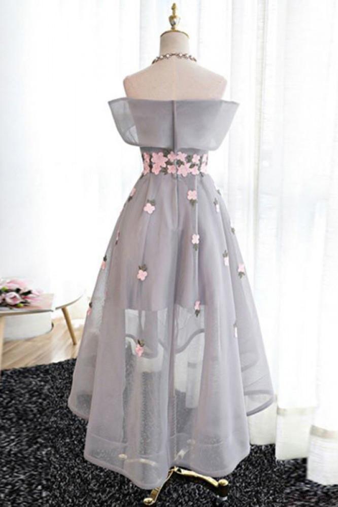 A Line Off Shoulder Grey High Low Homecoming Dress Cocktail Dresses Graduation Dresses WK94