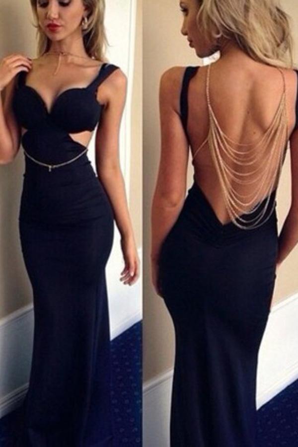 Mermaid V-Neck Floor-Length Backless Spandex Sleeveless Navy Blue Prom Dresses WK614