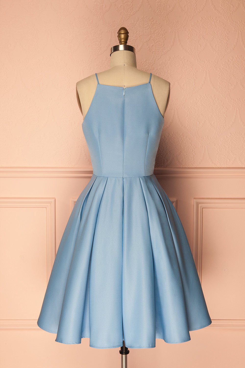 A Line Blue Halter Sleeveless Short Satin Knee Length Homecoming Dress WK601