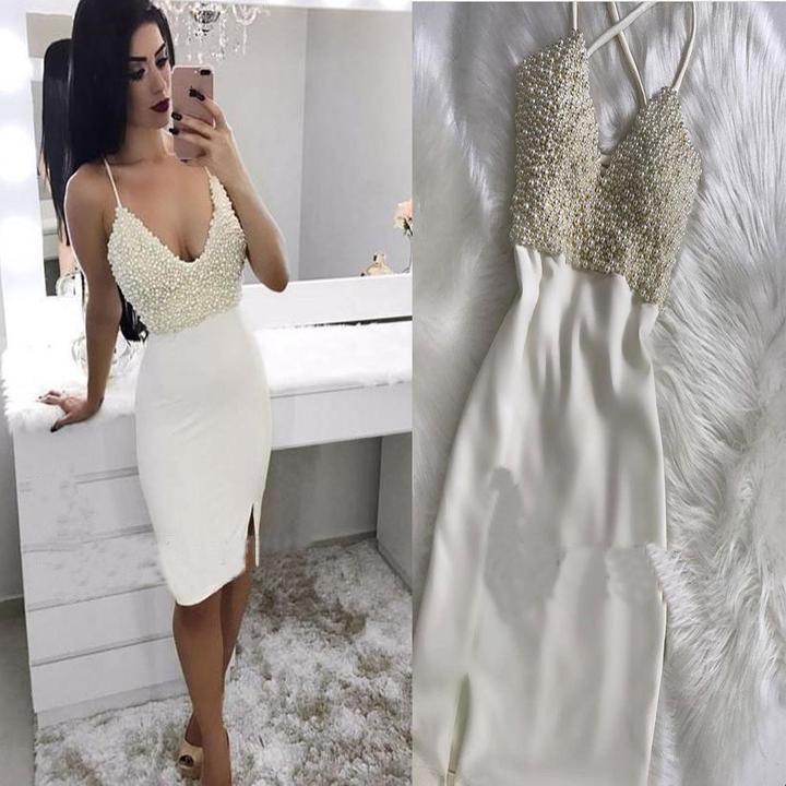 Mermaid Spaghetti Straps V Neck Ivory Beads Short Prom Dress Homecoming Dresses WK855