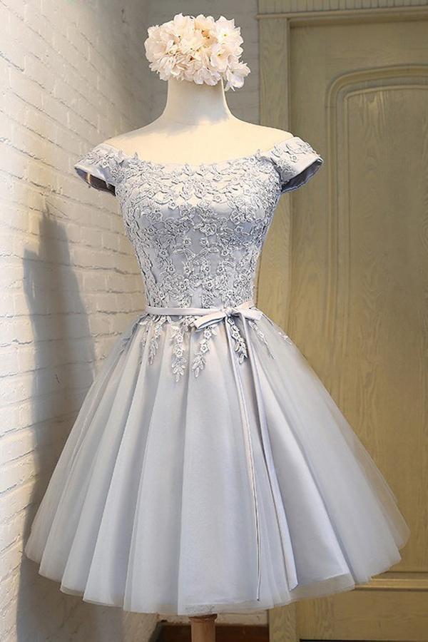 A-Line Off the Shoulder Short Sleeveless Scoop Grey Tulle Lace up Homecoming Dresses WK964