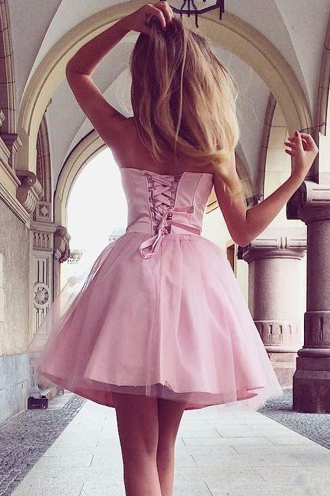 Cute A Line Sweetheart Strapless Tulle Pink Short Prom Dresses Homecoming Dresses WK920