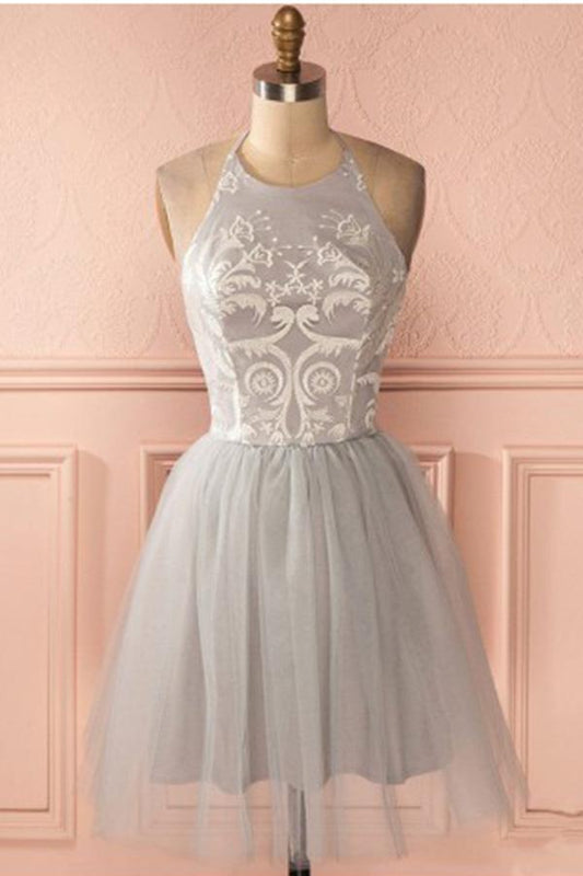 Cheap Sleeve Silver Halter Short A-line Princess Pleated Backless Homecoming Dresses WK789