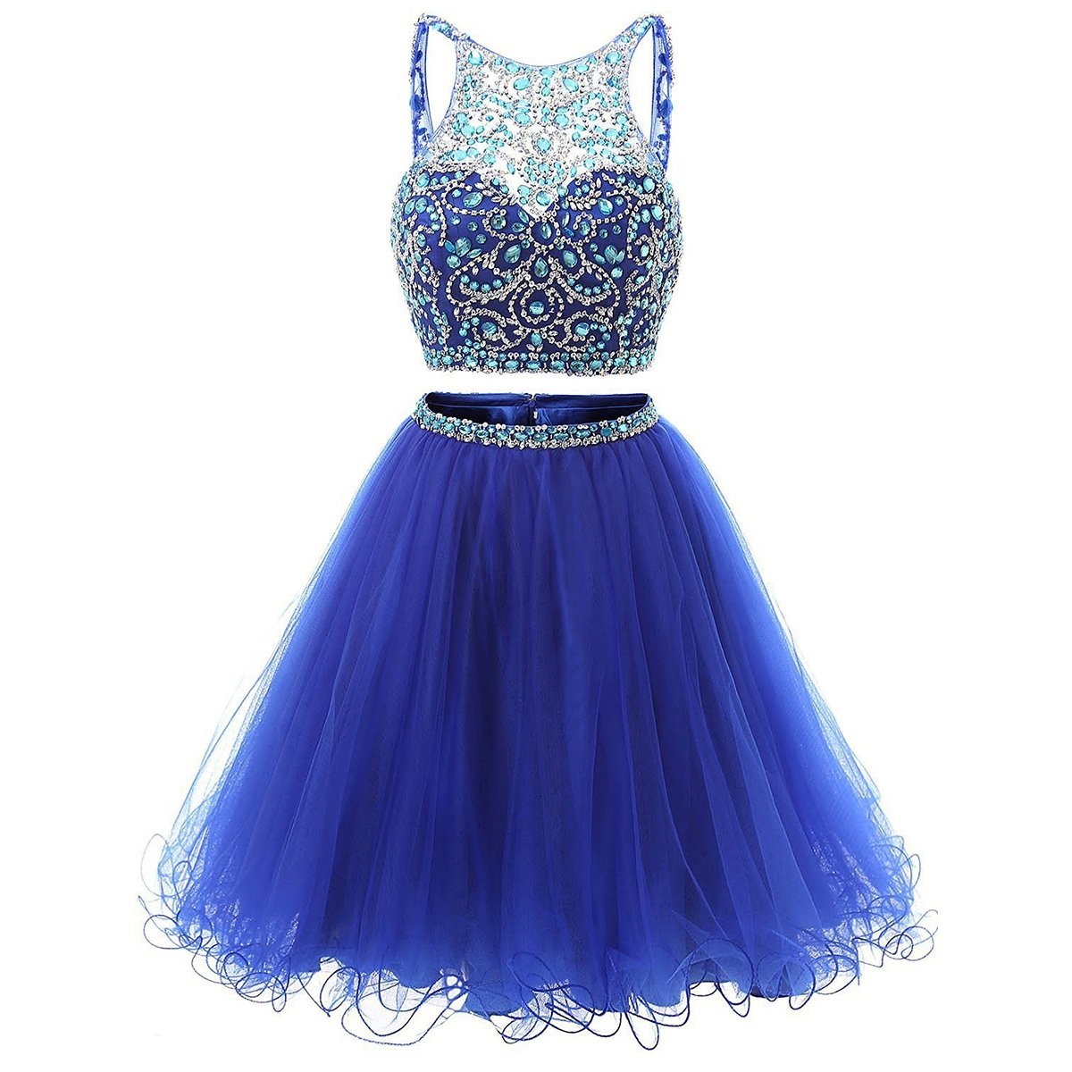 Jewel Neck Illusion Sequins Crystal Shining Two Piece Low Back Royal Blue Tulle Homecoming Dress WK877