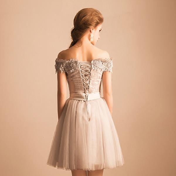 2024 Off-the-Shoulder Lace Short Prom Dress Beading Tulle Cute Lace-up Homecoming Dress WK247