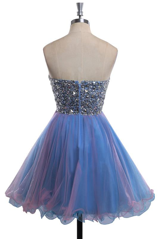 Strapless Cute Tulle Short Sweetheart Beading Blue Rhinestone Homecoming Dresses WK190