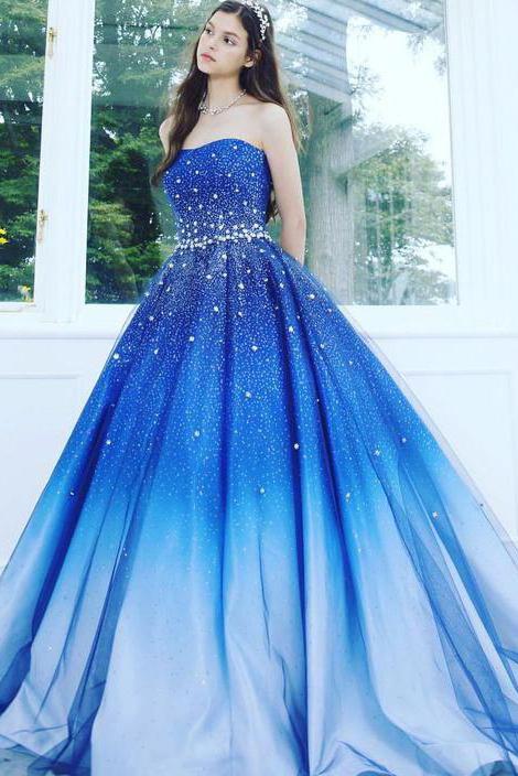 A Line Blue Strapless Sweetheart Ombre Sweep Train Ball Gown Beads Tulle Prom Dresses WK891