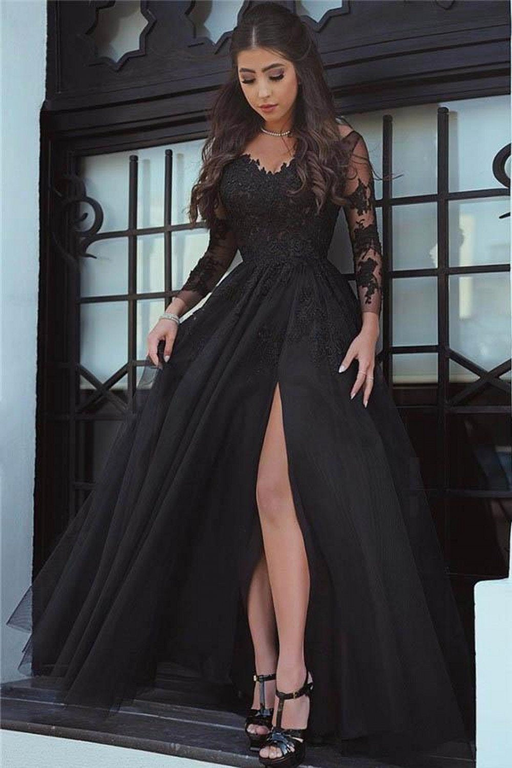 A Line Long Sleeve Slit Black Tulle Lace Appliques Backless Sweetheart Prom Dresses WK38