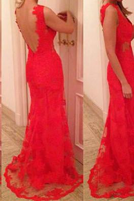 Charming Mermaid Red V-Neck Prom Dress Lace Party Dress Backless