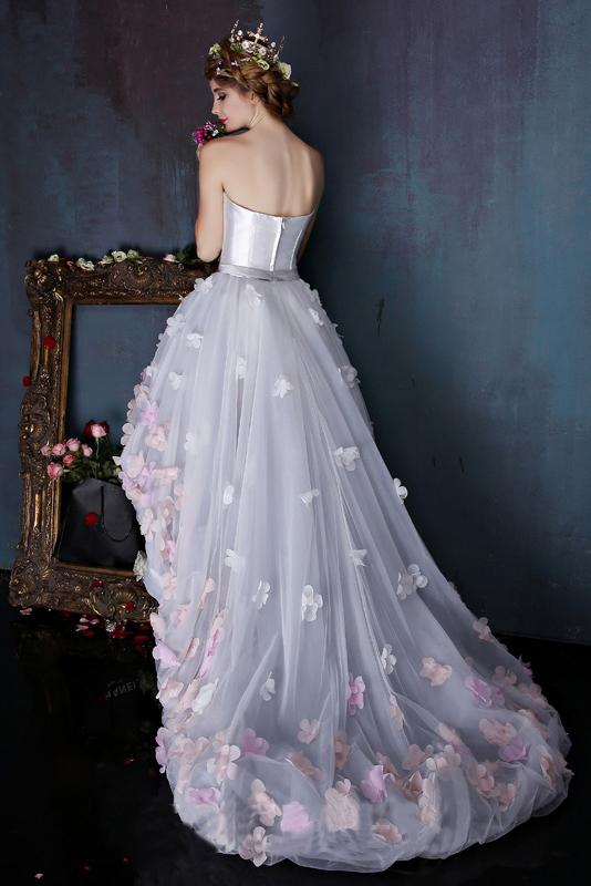 Charming Sweetheart Flowers Strapless Tulle Asymmetry Prom Dresses Wedding Dresses WK259