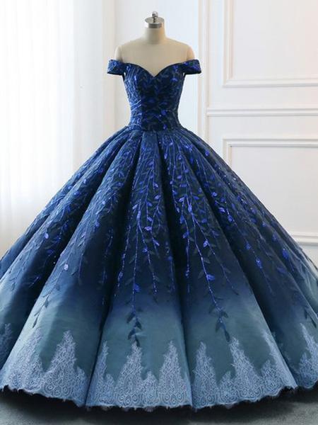 Ball Gown Navy Blue Lace Applique Ombre Off the Shoulder Princess Quinceanera Dresse WK269