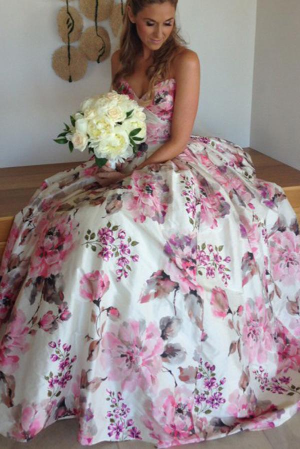 Ball Gown Printed Satin Sweetheart Spaghetti Straps Sleeveless Prom Dress Wedding Dress WK684