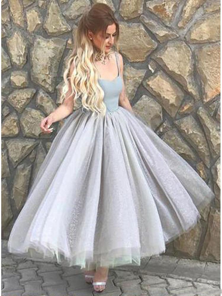 Elegant A Line Spaghetti Straps Sweetheart Tulle Grey Tea Length Homecoming Dresses WK944