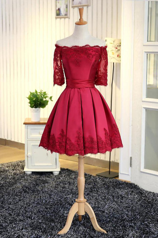 A Line Short Sleeves Satin Lace Appliques Lace up Scoop Short Prom Dress Homecoming Dresses WK752