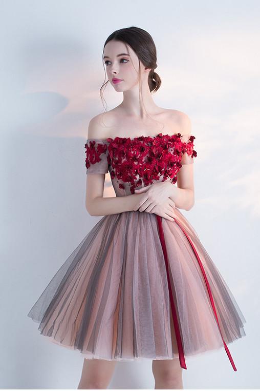 A Line Red Off the Shoulder Above Knee Short Sleeve Flowers Homecoming Dresses WK308