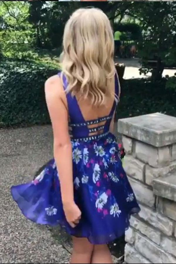 A-Line V-Neck Backless Short Royal Blue Printed Chiffon Cute Prom Homecoming Dress WK763