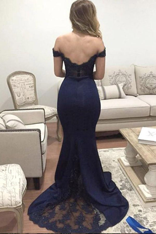 Mermaid Off-the-Shoulder Sweep Train Navy Blue Appliques Satin Prom Dresses WK404