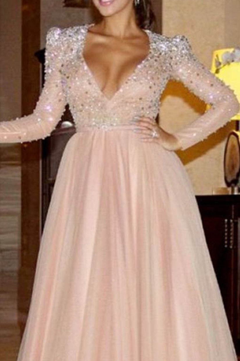 Elegant A Line Long Sleeve Deep V Neck Pink Beads Tulle Long Prom Dresses WK985