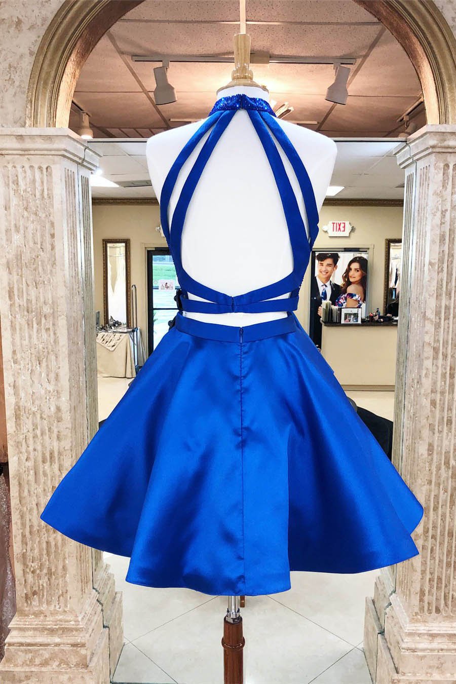 A Line Royal Blue Two Pieces Open Back Beaded Short Prom Dresses Homecoming Dresses WK993