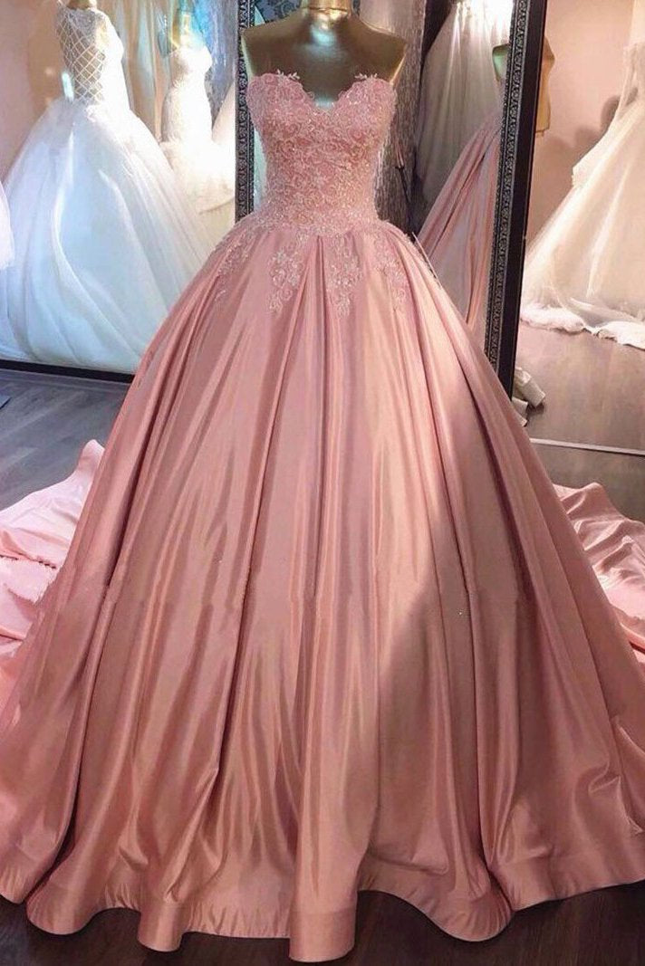 Ball Gown Pink Strapless Appliques Sweetheart Sweep Train Satin Evening Dresses WK775