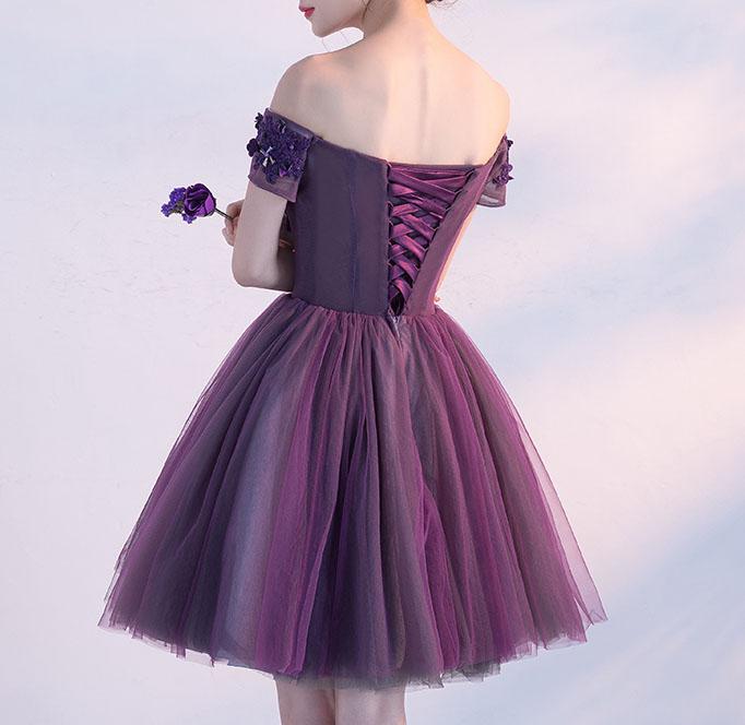 Cute A line Dark Purple Off-shoulder Short Sexy Appliqued Homecoming Dress with Beads WK173