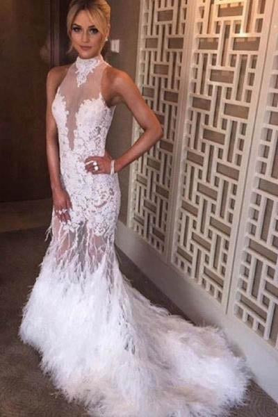 Halter Neck Feather Mermaid Appliques White Prom Dress With Court Train Prom Dresses uk