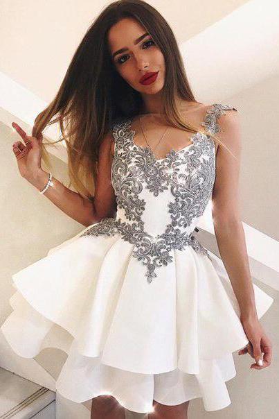 Cute A Line Scoop Grey Lace Appliques Ivory Mini Satin School Dress Homecoming Dresses WK992