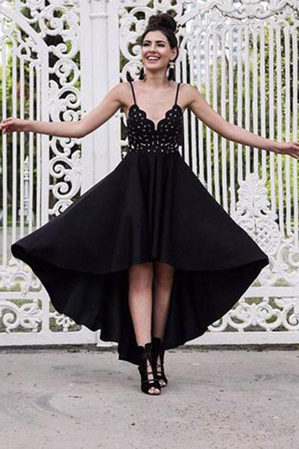 A Line Black V neck Short High Low Spaghetti Straps Prom Dresses Homecoming Dress WK692