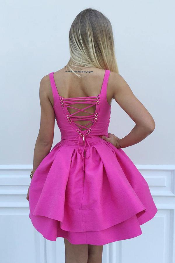 Ball Gown Scoop Eyelet Lace up Fuchsia Short Prom Dress Satin Cute Mini Homecoming Dress WK700