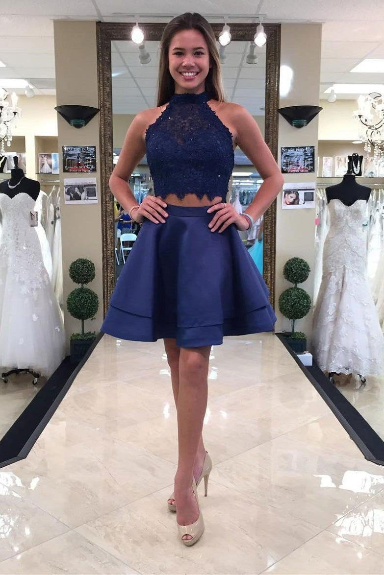 Two Piece Round Neck Short Tiered Satin Blue Open Back Homecoming Dress with Lace WK259