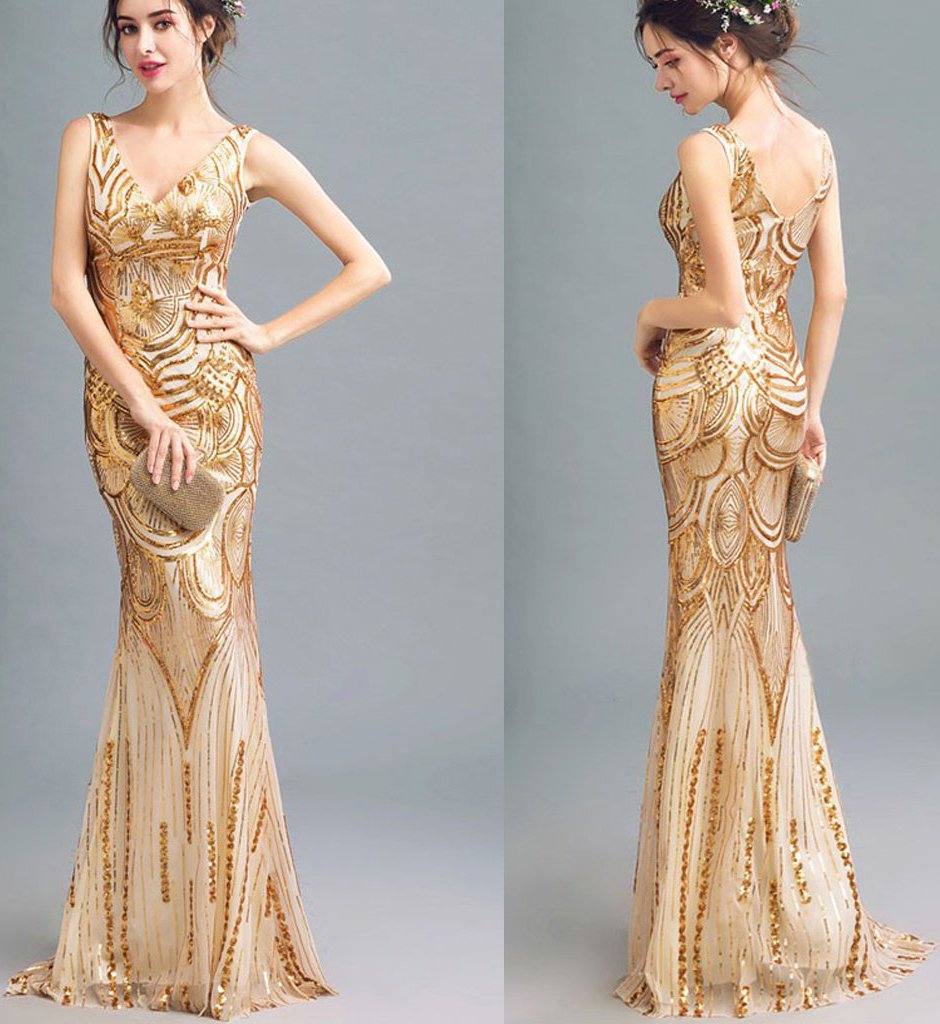 Fashion Sparkly Golden Sequins Mermaid Backless Sleeveless Floor-Length V-Neck Prom Dresses WK244