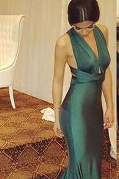 Sexy Dark Green Deep V-Neck Mermaid Backless Prom Dresses WK552