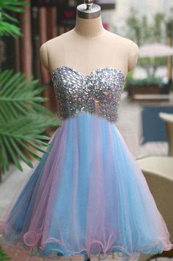 Strapless Cute Tulle Short Sweetheart Beading Blue Rhinestone Homecoming Dresses WK190