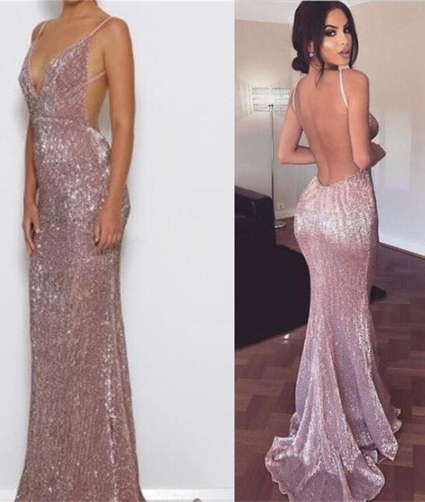 Elegant Mermaid Pink Simple Sexy Spaghetti Straps Sequin V Neck Backless Prom Dresses WK611